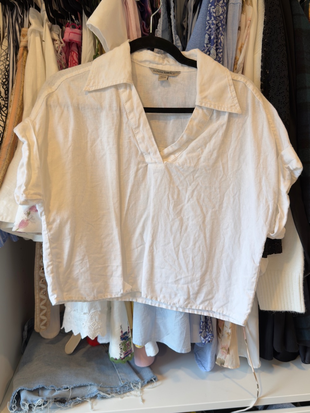 Banana Republic White Linen V-Neck Collared Crop Top